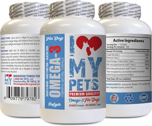 [BRSWGHTRBZ7BSADO] I LOVE MY PETS LLC Dog Protein Supplement - Omega 3 Fish Oil for Dogs - Advanced Premium Quality - epa for Dogs - 180 Softgels (1 Bottle)