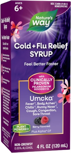 [BRSWIYYMPMBAOCLI] Nature 's Way Cold + Flu Relief Syrup, Umcka, Feber *, Sore Throat, Hough, Congestion, Body Aches *, Homøopatisk, Phenylephrine Gratis, 0,05% Alkohol, Berry Flavored, 4 Fl Oz (Packaging May Vary)