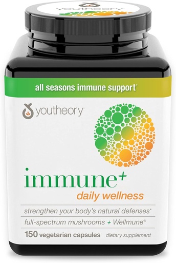 [BRSWYGIHAQHAE33P] Youtheory Immune+ Daily Wellness- Organic Mushrooms- Beta Glucan- Vitamin C, D3 & Zinc 150 Vegetarian Caps