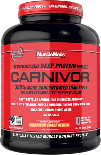 [BRSROFQEPMJW23LD] MuscleMeds Carnivor Beef Protein Isolate, 0 Lactose, 0 Sugar, 0 Fat, 0 Cholesterol, Cinnamon Toast Cereal, 4 Lb, 56 서빙