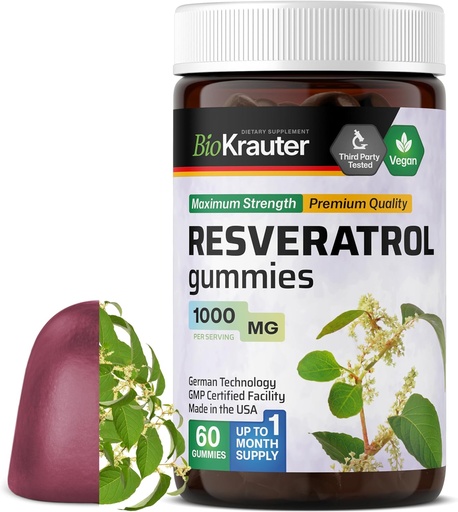 [BRSRMEIDPIMA4CTZ] BIO KRAUTER Resveratrol Gummies - 1000 mg Strength - 60 Vegan Chews - 98% Pure Trans Resveratrol supplement - Antioxidant Support
