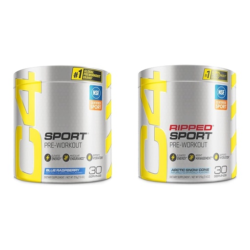 [BRSROAIKCUNBOHT3] Cellucor C4 Sport Pre Workout Powder Blue Raspberry for Sport 30 Servings & C4 Ripped Sport Pre Workout Powder Arctic Snow Cone - NSF Certified for Sport + Sugar Free Preworkout Energy Supplement