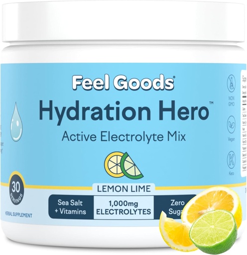 [BRSRAZICBYPGM2Q3] Feel Goods Hydration Hero, 1,000mg Electrolytes Powder, Sugar Free, Magnesium, Organic Aloe Vera, Organic Aloe, L Theanine, Vitamin C & B12, Non GMO, Keto, Vegan | Lemon Lime, 30 Servings