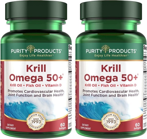 [BRSRAHAECEBQKH3O] Purity Products Krill Omega 50 (Krill + Fish Oil Blend 1000mg + Astaxanthin 500mcg + Phospholipids 200mg + Vitamin D 500 IU) - 60 Mini Softgels (Pack of 2)