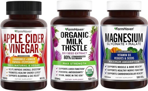 [BRSRMYI6BEBAO2YV] FarmHaven Apple Cider Vinegar Capsules with Ginger & Magnesium Glycinate & Malate Complex w/Vitamin D3 & Milk Thistle Capsules