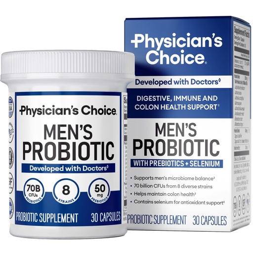 [BRSRAFQNCUBB423X] Physician's Choice Probiotics for Men - 70 Billion CFU - 8 Strains - w/Selenium & Organic Prebiotics - Supports Digestive Health, Microbiome, Colon, & Immune Health - Advanced Men's Probiotic - 30ct