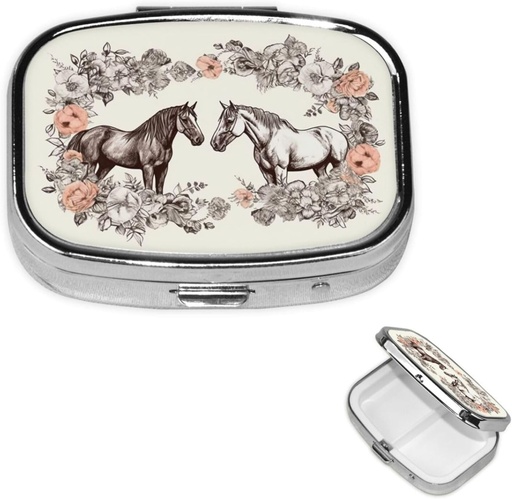 [BRSRAAYFAEBBYCDP] Pill Box Flows and Horses Hand Drawn Square Pill Case for Purse & Pocket 2 Compart Medicine Pill Organizer Portable Travel Pillbox Medicine Vitamin Cod Maksaõli Ladustuskarp