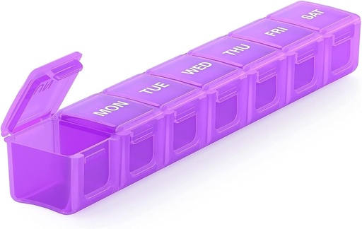 [BRSWYAABCF6BAYLH] Sukuos Extra Large Weekly Pill Organizer, 7 Day Daily Pill Box Case Arthritis Friendly, Silkscreen Printed Medicine Container with Clear Lid for Vitamins, Fish Oils or Supplements (Purple)