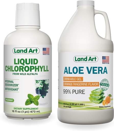 [BRSRAYD6CF6RUET6] Land Art Aloe Vera Drinkinamas gelis - Oranžinė Tangerine Flavored - Cold- Reproduced - Organic Fresh Laves - 64floz + Liquid Chlorophyll Mint Flavored - Cold Extrased from Wild Non-GMO Alfalfa - 16floz