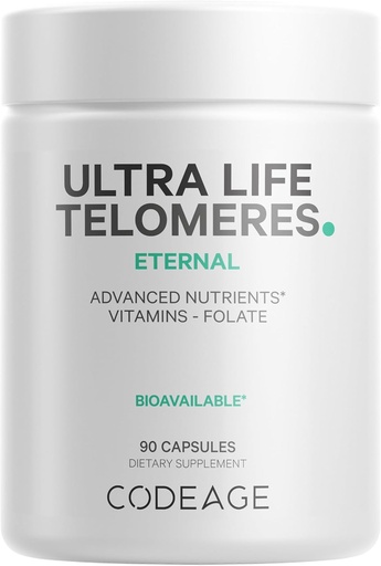 Příplatek Codeage Ultra Life Telemers - 5 MTHF Folát Vitamin B9, Vitamin B12 Methylkobalamin, Vitamin D3, L-Theanine, Ashwagandha - 3-Month Supply - DNA, Methylační cyklus - Non- GMO - 90 Kapsle