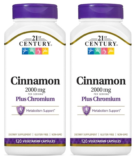 [BRSRAEA6BB7QOFA4] 21st Century Cinnamon 2000 mg Per Serving Plus Chromium Vegetarian Capsules 120 Count - Pack of 2