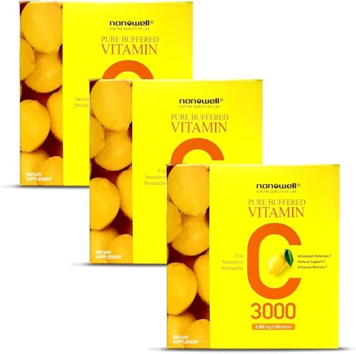[BRSROCA2BF6QY3Q2] NANOWELL Pure Buffered Vitamin C 3000 mg per Serving, Dietary Supplement for Immune Support - 60 Sticks x 3 Boxes, 6 Months Supply (180 Count)
