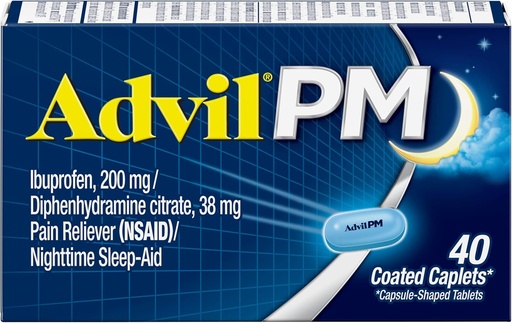 [BRSWIYDRAIGWEFTA] Advil PM (40 Count, Pack of 2) Pain Reliever / Nighttime Sleep Aid Coated Caplet, 200mg Ibuprofen and 38mg Diphenhydramine Citrate