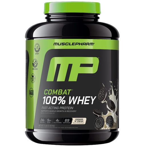 [BRSWKFQTAUPRYHLG] MusclePharm Combat 100% Whey Protein Powder, Cookies ‘N’ Cream Flavor, Fast Recovery & Muscle Gain with Whey Protein Isolate, High Protein Powder for Women & Men, Gluten Free, 5 lb, 69 Servings