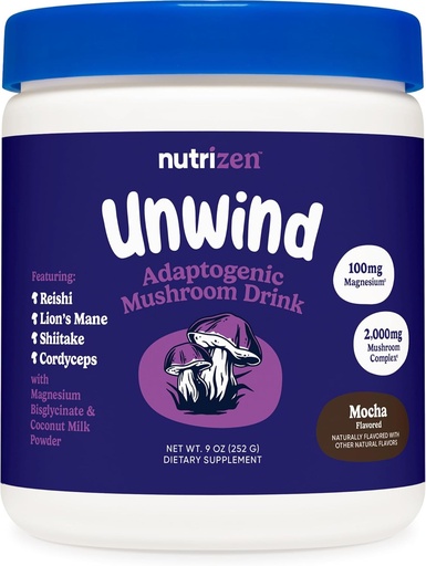 [BRSRAHAOAF6AE3L2] Nutricost Nutrizen PM Unwind Adaptogenic Mushroom Drink (Mocha Flavored) 30 Servings - Includes Reishi, Lion's Mane, Shiitake, Cordyceps