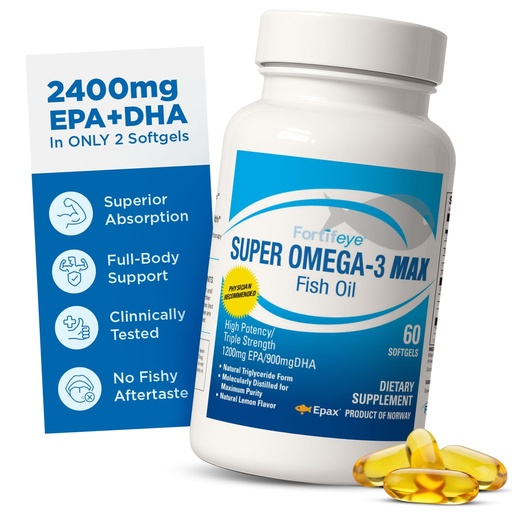 [BRSWGBQHBMNAE3DB] Fortifeye Super Omega-3 Max Fish Oil - 60 Count - Quadruple Strength Ultra-Pure rTG Omega-3-2400mg EPA + DHA in 2 Softgels - Expertly Concentrated & Purified in Norway from Wild Fish - Lemon Flavor
