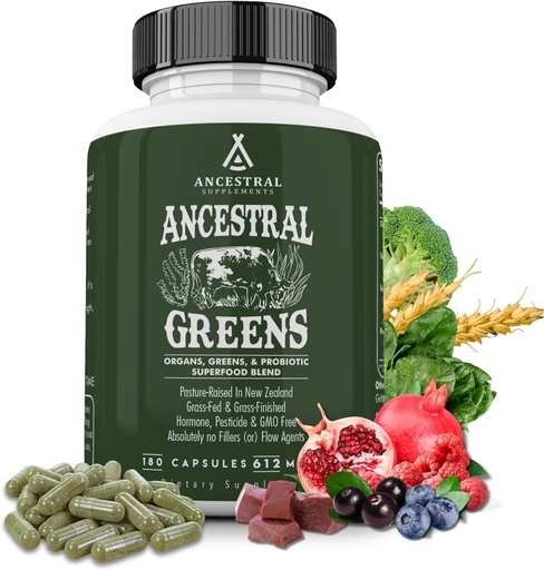 [BRSROFTROUARYFDF] Suplemen Ansestral Hijau Powder Kasules, Organik Superfood Greens & Reds Blend dengan Spirulina, Chlorella, Grass Fed Beef Organian, dan Prograin untuk Kesehatan Gut, Non GMO, 612mg Masing-masing, 180 Count