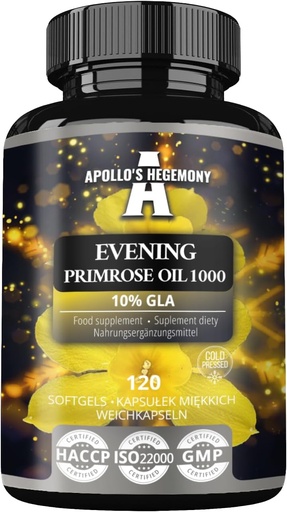 [BRSRAYYODEIAGDT5] APOLLOs HEGEMONY Evening Primrose Oil 1000 mg med vitamin E - Innehåller 100 mg GLA-syra - 120 Softgel-kapslar - 4 månaders leverans - Kosttillskott för att stödja hormonbalans och hudhälsa