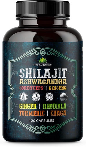 [BRSRAAD6BF6GYADK] Shilajit vyrams - 8-in-1 Adaptogeninis priedas su Ashwagandha, Cordyceps, Ginseng, Rhodiola, Turmeric, Chaga & Ginger - Natural Energy, Stress Relief & Immune Support - 120 Vegan Capsules