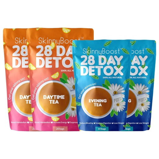 [BRSW2FQCOYIRYAY3] Skinny Boost Detox Tea Kit – 4 PACK – 2 Daytime Teas (56 Bags) 2-Evening Teas (28 Bags) – 草药 Detox for Weight,代谢,能源,Bloating & Colon Cleanse – 绿茶,Vegan,Keto,非GMO,无糖