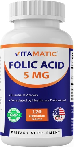 [BRSW22YBDEBGYETG] Vitamatic Folic Acid 5mg (5000 mcg) – 120 Vegetarian Tablets High Potency Vitamin B9 (Folate) for Cellular Health, Heart Support & Prenatal Care