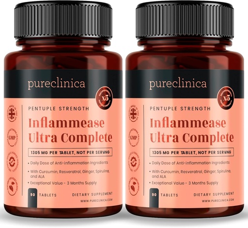 [BRSWGEI5CIIBYHTH] pureclinica Inflammease Ultra Complete (Resveratrol, Ginger, ALA, Spirulina, Curcumin- 5 Supplements in one) 1305mg x 180 Tablets - 2 Bottles of 90 Tablets - 6 Months Supply!