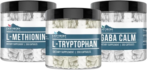 [BRSROED6OF7BU2Q6] Éléments terriens L-Tryptophane, L-Méthionine et GABA Bundle, 200 capsules chacune, pure et non diluée