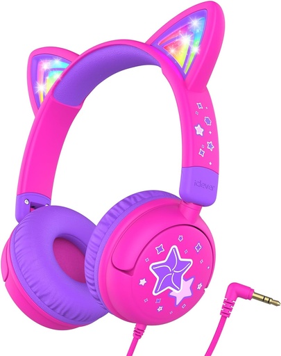 [BRSRMC33PN6B63L2] iClever Kids Headphones Cat Ear, LED Light Up, 85dBA Safe Volume, Stereo Sound Toddler Headphones for Travel School, Foldable 3.5mm Wired Kids Headphone for iPad Tablets, Meow Lollipop-Hot Pink