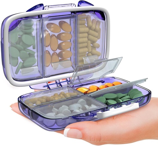[BRSROYINOACGG3A4] Reizen Pillen Organisator - Vocht Proof Portable Vitamine houder met 7 Compartments, Compact Supplement Case voor Purse Essential Medicine Kit foto Reizen Pocket Pharmacy met Labels, Paars