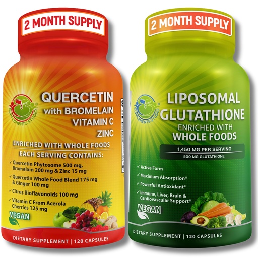 [BRSRAYLYCAPR4ETA] Immune & Cellular Support Bundle – Liposomal Glutathione 500mg with Whole Foods & Quercetin with Bromelain, Vitamin C, and Zinc Whole Food Complex – Vegan, Non-GMO, Clean Daily Wellness Support