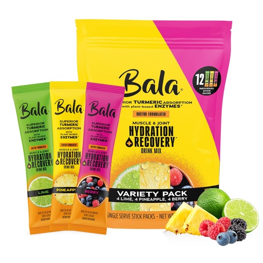[BRSRMEAYAQCBEFY6] Bala Total Body Wellness Drink Mix, Hydrate & Recover Variety Pack, Pineapple, Lime & Berry, 4 Per Flavor, Zero Sugar Electrolytes Powder Packets with Enzymes & Amino Acids, Turmeric Drink, 12 Count