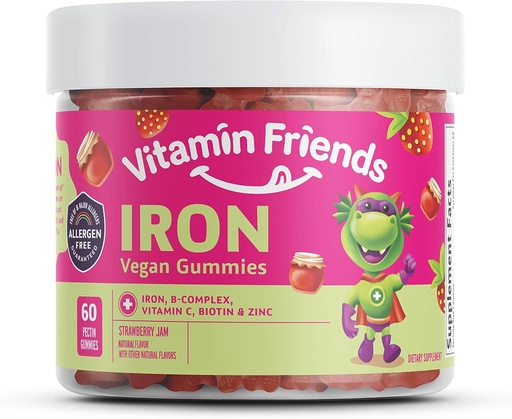 [BRSWYHA6BF5GEGTJ] Vitamin Friends - Vegan Multivitamin & Iron for Kids - Daily Nutritional Support Gummies w/Ferrous Fumarate B-Complex, Vitamin C, Zinc, Biotin - Body Function & Anemia - Strawberry Jam(60 Day Supply)
