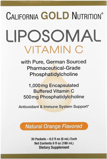 [BRSWGBA3BMAWEHTA] Liposomal Vitamin C by California Gold Nutrition - Жидкая добавка для антиоксидантов и иммунной поддержки - Веганский дружественный - без глютена, не-ГМО - 1000 мг - 30 пакетов - натуральный апельсиновый аромат