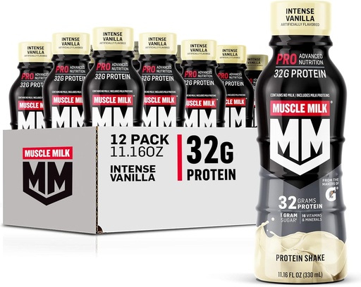 [BRSW2HATCQIB4DLA] Muscle Milk Pro Advanced Nutrition Protein Shake, Intense Vanilla, 11.16 Fl Oz (Pack of 12), 32g Protein, 1g Sugar, 16 Vitamins & Minerals, 5g Fiber, Workout Recovery, Energizing Snack, Packaging May Vary
