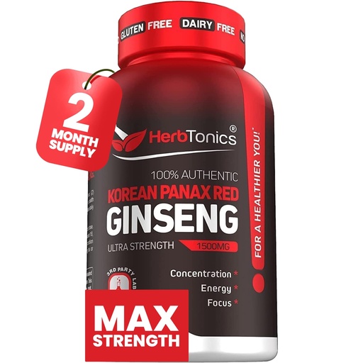 [BRSWGEL3PMNQY3LG] Herbtonics Korean Red Panax Ginseng 1500mg - Energy Supplement for Peak Performance, Focus & Vitality - High Potency Ginseng Root Extract - 120 Vegan Capsules