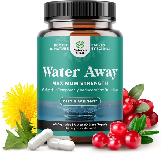 [BRSWIBI3AACWOHTI] Water Away Bylinné Diuretické pilulky Vysoká síla - Fluid Retention Dodatek s Pampeliška Leaf Extract & Zelený čaj pro nadýmání úlevu pro ženy a muže - Kapsle pro nohy a nohy Otok - 60 Počet