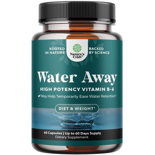 [BRSWIBI3AACWOHTI] Water Away Herbal Diuretic Pills High Strength - Fluid Retention Supplement with Dandelion Leaf Extract & Green Tea for Bloating Relief for Women & Men - Capsules for Leg & Feet Swelling - 60 Count