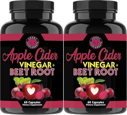 [BRSRAZYHB4IW2AY4] Angry Supplements Apple Cidru Oţet + Root Powder Capsule, Pure ACV Beetroot 1000 mg per Serving, Nitric oxid Booster & Digestive Health for Men and Women 60ct, 2 Pack (120ct Total)