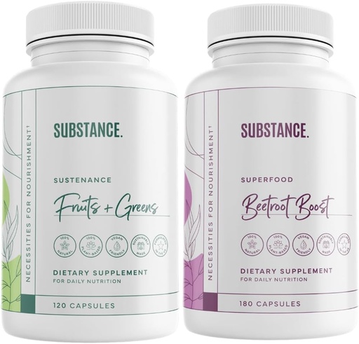[BRSROAL2CJ4AGHLO] SUBSTANCE. Bundle: Nature's Sustenance Daily Fruits & Veggies (120 Capsules) + Beetroot Boost (180 Capsules) - Natural Energy Boost & Overall Wellness - US Made, Vegan-Friendly