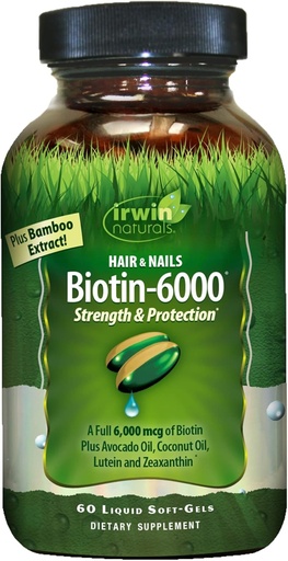 [BRSWIAYIC4HQIDL4] Irwin Naturals Biotin- 6000 Támogatja az egészséges bőr, haj és körmök - 60 Liquid Softgels - Erő + Védelem nagy potenciállal 6000 mcg, Bamboo, Avocado, Coconut & More - Maximális abszorpció
