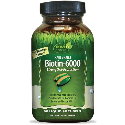 [BRSWIAYIC4HQIDL4] Irwin Naturals Biotin-6000 - Supports Strength & Protection for Hair & Nails with Avocado Oil, Coconut Oil, Lutein & Zeaxanthin - 60 Liquid Softgels