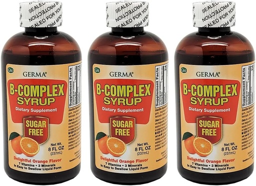 [BRSWGHQKOIOR63LX] Germa B-Complex Syrup. Dietary Supplement. Bone Health, Growth and Development Aid. Sugar Free. Orange Flavor. 8 oz. Pack of 3