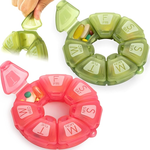 [BRSRMHARAQMRE3T3] Round Weekly Pill Organizer, TPU Rubberized, Travel Pill Container 7 Day, with 7 Large Compartments, Great for Daily Vitamins & Supplements, Cute Pill Case with Large Letters and Braille (2 pcs)