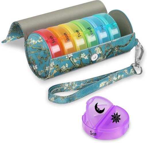 [BRSRMYLYOEDRUFYZ] FINPAC Pill Organizer 2 Times A Day, Large Weekly AM PM Pill Box with Carrying PU Leather Case for 7 Days Medication Care, Round Medicine Vitamin Dispenser Container and Holders (Blossom)