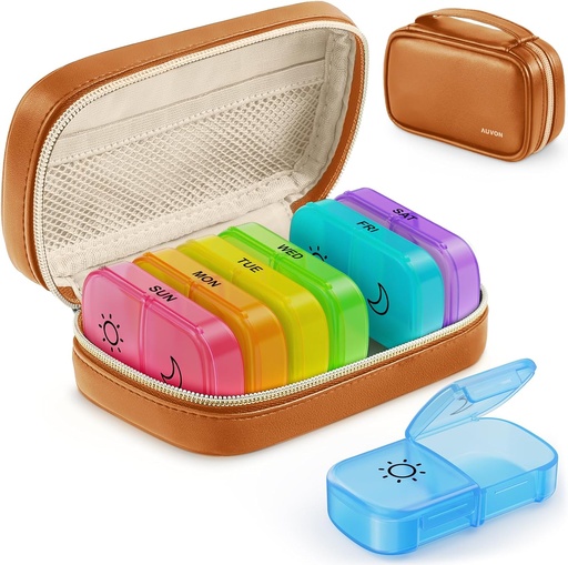 [BRSRAFQKOQHA2AA4] AUVON Weekly Pill Korraldaja 2 korda päevas PU nahakott, Travel AM PM Pill Box 7 päeva ühe külje suur avamine disain lihtne täitmine, Portable Pill Case vitamiine, ravimeid, toidulisandeid
