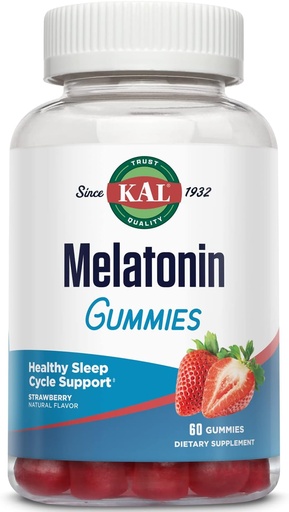 [BRSWYCYZOQIGEDLB] KAL Melatonin Gummies, Melatonin 5mg Ayuda para el sueño, Relajación saludable, Duración del sueño, Calidad y Calmness Support Fórmula, Vegetariano, Gluten Free, Natural Strawberry Flavor, 30 Servings, 60 Gummies