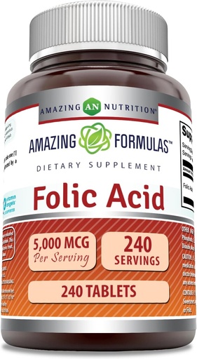 [BRSRAGIQAENBQETH] פורמולה מדהימה Folic Acid תוסף | 5000 Mcg | Tablet | Non-GMO | Gluten Free | Made in USA (240 Count)