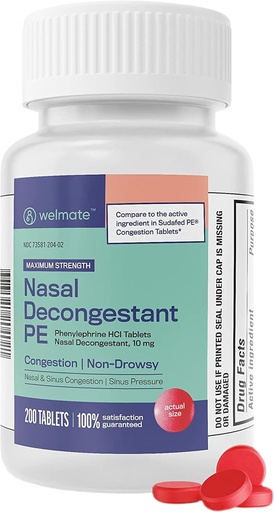 [BRSW2A33AF6GEGY7] WELMATE - Nasal Decongestant PE - Phenylephrine HCl 10 mg - Maximum Strength - Sinus Relief - para las alergias frías - antihistamínico - Alivio del dolor - Decongestantes para adultos - 200 Tabletas