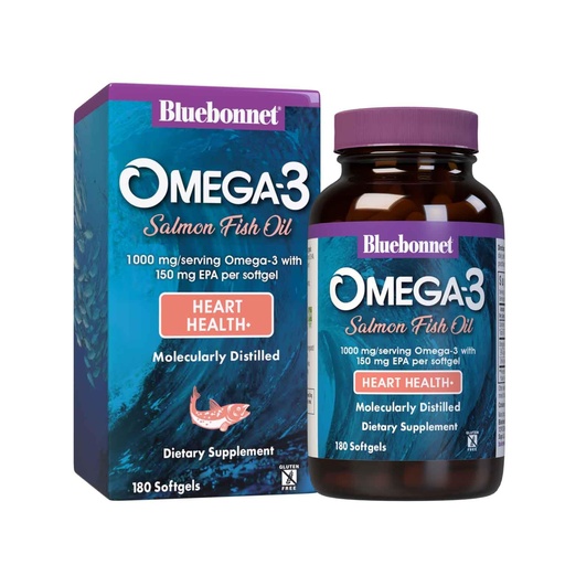 [BRSWIYT3PMDB4DIV] BlueBonnet Omega 3 1000mg Salmon Oil EPA DHA Essential Fatty Acids - Heart Health Supplement for Women & Men - Molecularly Distilled, Triglyceride Form Omega-3 Wild Salmon Fish Oil - 180 Softgels