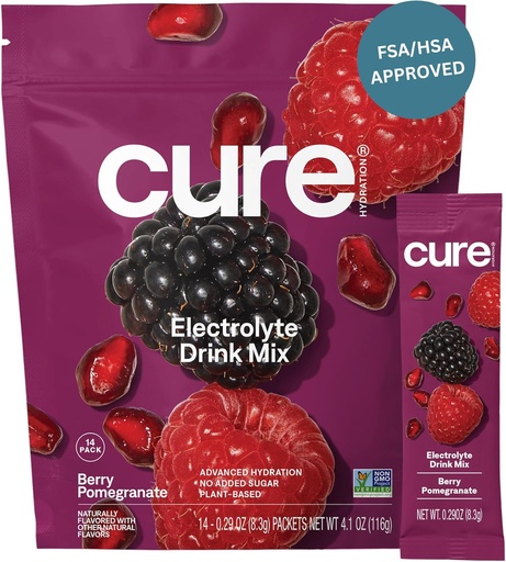 [BRSWGAA6AVYRQ233] Cure Hydration | Plant-Based Electrolyte Drink Mix | No Added Sugar | FSA-HSA | Dehydration Relief Powder Made with Coconut Water | Non-GMO | Vegan | Påse av 14 Packets - Berry Pomegranate
